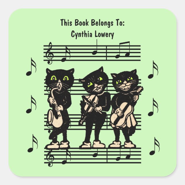 Pegatina Cuadrada Tres músicos de gato negro dibujan verde musical (Anverso)