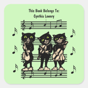 Pegatina Cuadrada Tres músicos de gato negro dibujan verde musical
