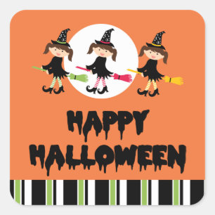 Pegatina Cuadrada Tres pequeñas brujas feliz Halloween