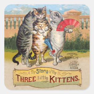 Pegatina Cuadrada Tres pequeños gatitos madre Ilustracion de oca