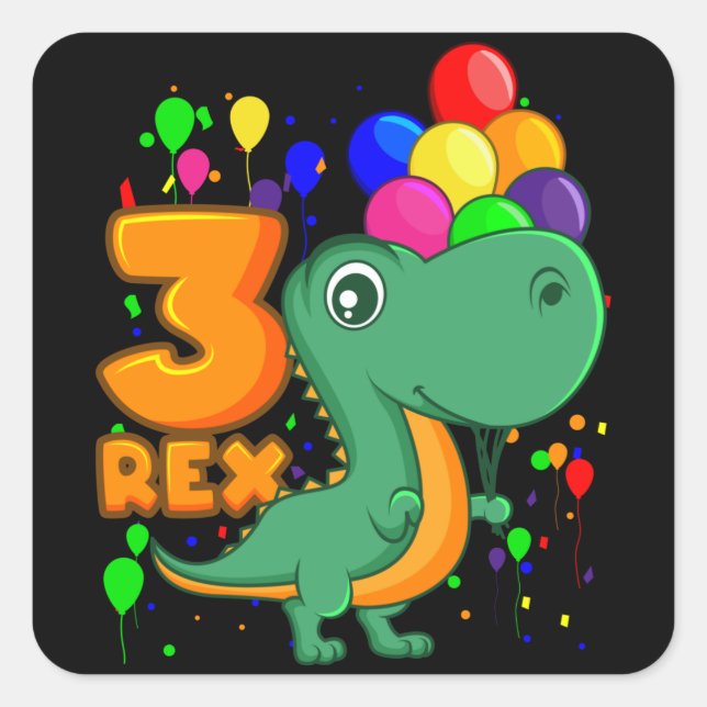 Pegatina Cuadrada TRES REX 3 años niño de tercer cumpleaños Dino (Anverso)