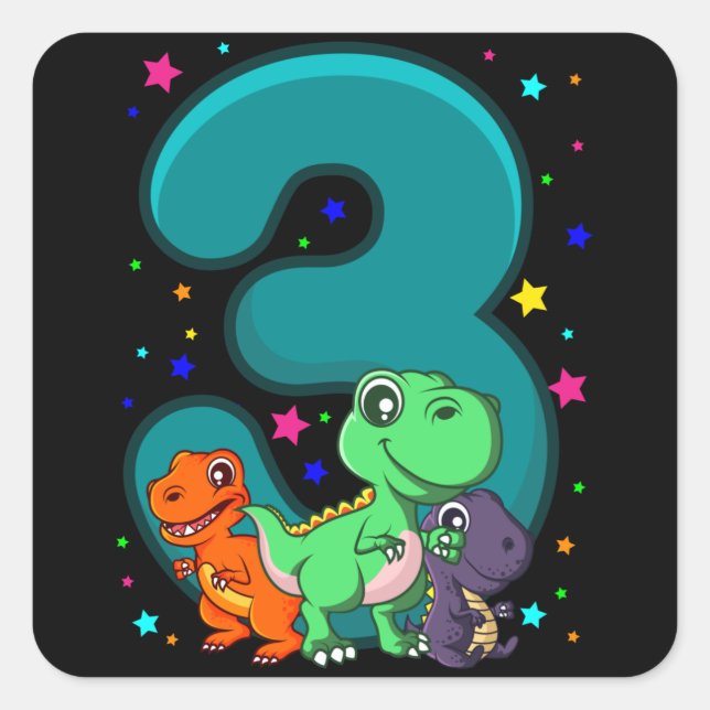 Pegatina Cuadrada TRES REX 3 años Tercer cumpleaños niños Dino (Anverso)