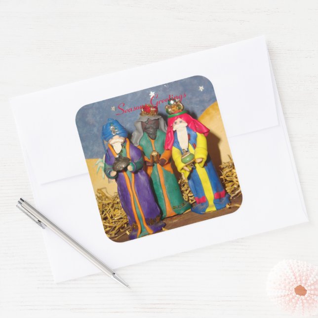 Pegatina Cuadrada Tres reyes con regalos para los navidades del bebé (Sobre)