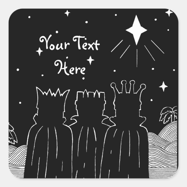 Pegatina Cuadrada Tres reyes Navidades estrella blanco y negro (Anverso)