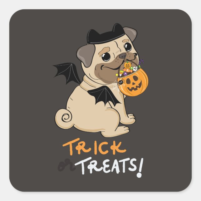 Pegatina Cuadrada Trick o trajes de pug (Anverso)