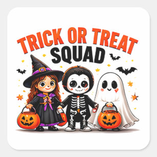 Pegatina Cuadrada Trick Or Treat Squad Amigos Lindos de Halloween