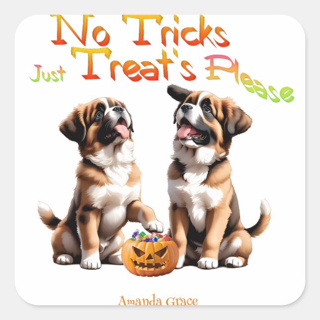 Pegatina Cuadrada Trick Treat Halloween Saint Bernard (Anverso)