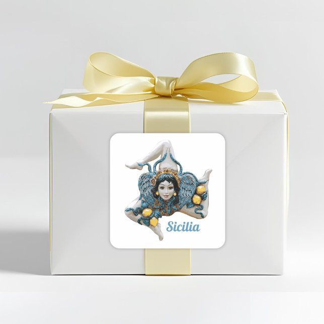 Pegatina Cuadrada Trinacria de Sicilia - Favor siciliano (Trinacria Symbol of Sicily Favor Sticker for Italian Sicilian Celebrations)