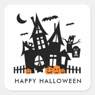 Pegatina Cuadrada Trinco o truco de Halloween en la casa perdida