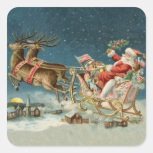 Pegatina Cuadrada Trineo Antiguo de Navidad de Santa Claus Reno