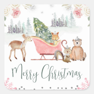 Pegatina Cuadrada Trineo de Navidad de Animales Caprichosos del Bosq