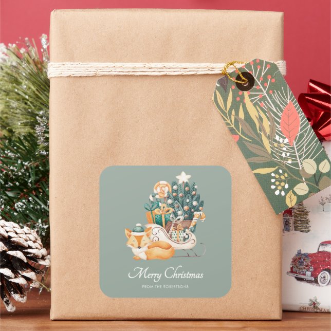 Pegatina Cuadrada Trineo de Navidad de zorro de acuarela verde festi (Vacaciones)