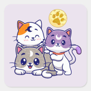 Pegatina Cuadrada Trio Adorable - Tres Gatos Cubiertos