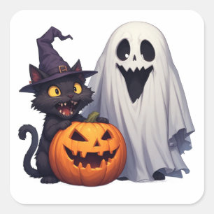 Pegatina Cuadrada Trío Clásico de Fantasma de Halloween Gato Calabaz