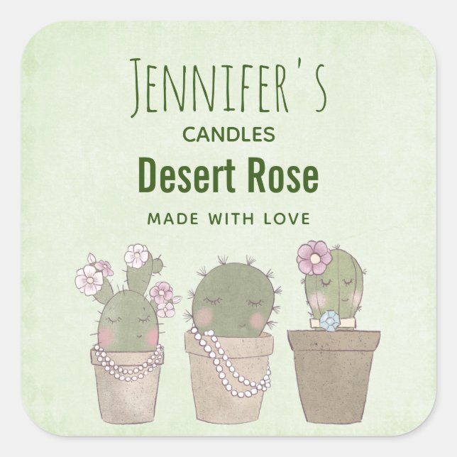 Pegatina Cuadrada Trío de Cactus Cute Con Negocio De Velas De Joyerí (Anverso)