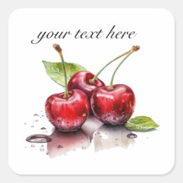 Pegatina Cuadrada Trío de cerezas frescas en acuarela, personalizado
