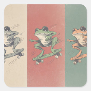 Pegatina Cuadrada Trío de rana skate retro – Arte animal vintage