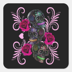 Pegatina Cuadrada Triple Día Negro De Los Cránulos Muertos Rosas Ros