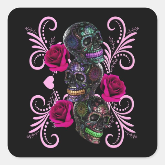 Pegatina Cuadrada Triple Día Negro De Los Cránulos Muertos Rosas Ros (Anverso)