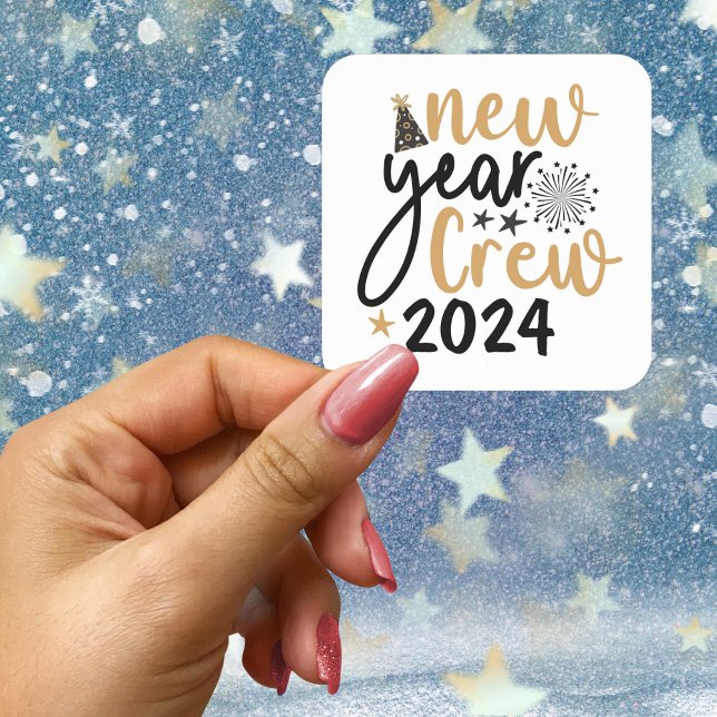 Pegatina Cuadrada Tripulación de Año Nuevo Dorado y Negro (año perso (Golden & Black New Year Crew (customized year) Square Sticker)