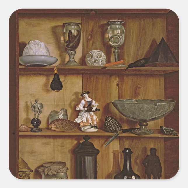 Pegatina Cuadrada Trompe l'Oeil con una estatuilla de Hércules (Anverso)