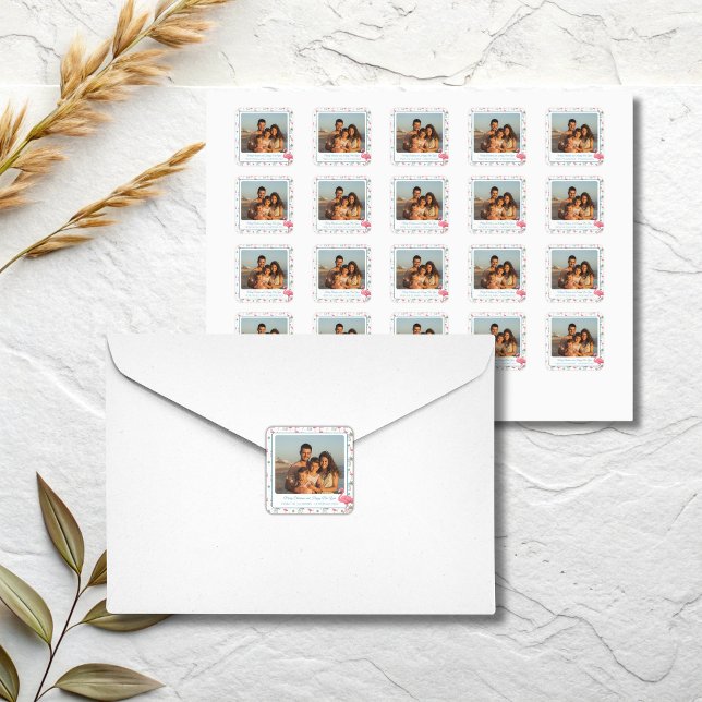 Pegatina Cuadrada Tropical Christmas Pink Flamingo Family Photo (Pink flamingo tropical christmas family photo square sticker
)