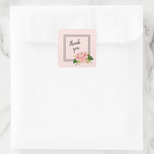 Pegatina Cuadrada Tropical Floral Large Pink & Peach Thank You (Bolso)