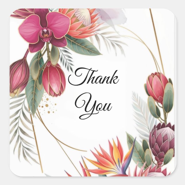 Pegatina Cuadrada Tropical Floral Paradise Botanical Gold Wedding  (Anverso)