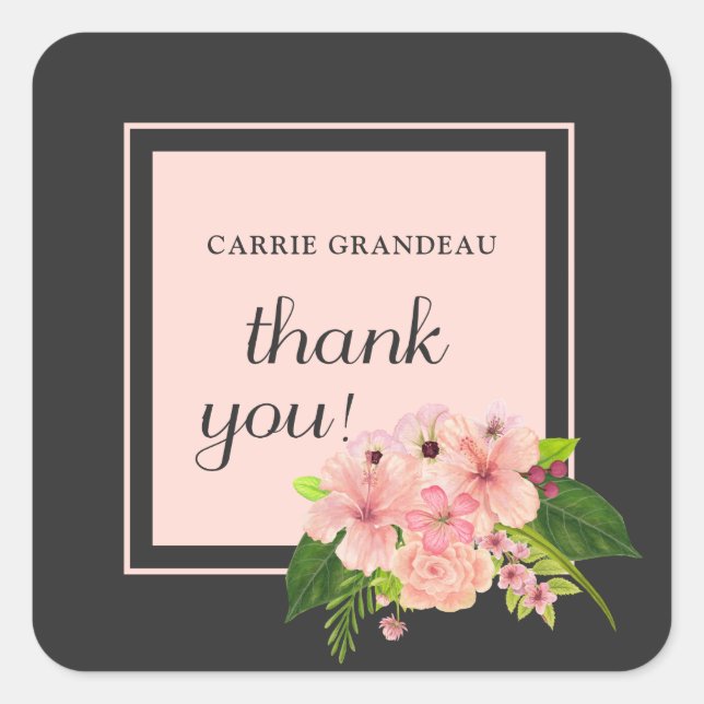 Pegatina Cuadrada Tropical Floral Pink & Peach Graduation Thank You (Anverso)