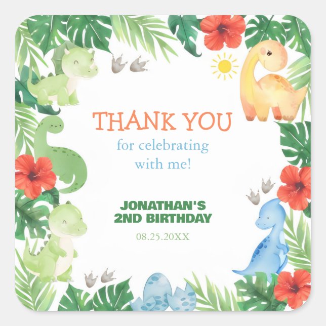 Pegatina Cuadrada Tropical Forest Dinosaur Birthday Thank You (Anverso)