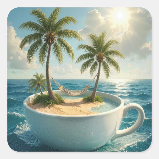Pegatina Cuadrada Tropical Island With Hammock in a Teacup (Anverso)