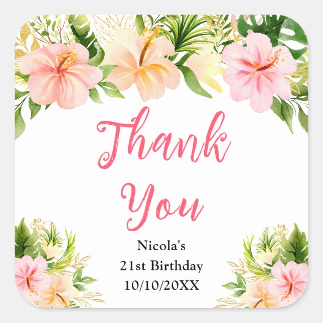 Pegatina Cuadrada Tropical Jungle Floral Birthday Thank You (Anverso)