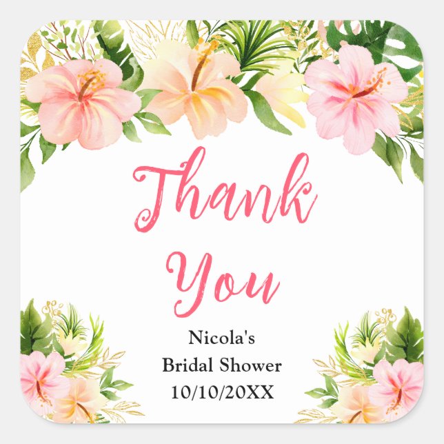 Pegatina Cuadrada Tropical Jungle Floral Bridal Shower Thank You (Anverso)