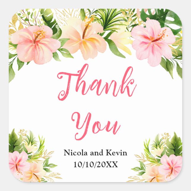 Pegatina Cuadrada Tropical Jungle Floral Wedding Thank You (Anverso)