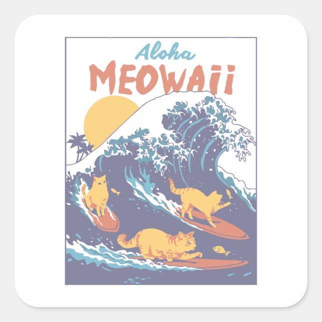 Pegatina Cuadrada Tropical Meowaii Wave Cats (Anverso)