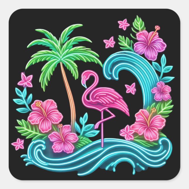 Pegatina Cuadrada Tropical Neon Flamingo (Anverso)
