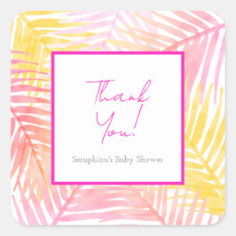 Pegatina Cuadrada Tropical Rosa deja Baby Shower hawaiano