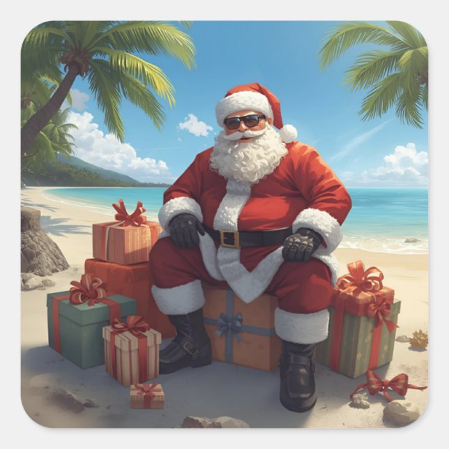 Pegatina Cuadrada Tropical Santa Sticker –  Christmas on the Beach (Anverso)