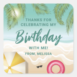 Pegatina Cuadrada Tropical Sunny Teal Beach Sand Birthday Thank You
