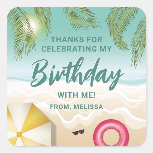 Pegatina Cuadrada Tropical Sunny Teal Beach Sand Birthday Thank You (Anverso)