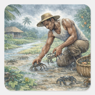 Pegatina Cuadrada Tropical Village Life: Man Catching Crabs in Rain