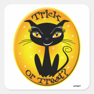 Pegatina Cuadrada ¿Truco caprichoso o trato? Gato con estrellas