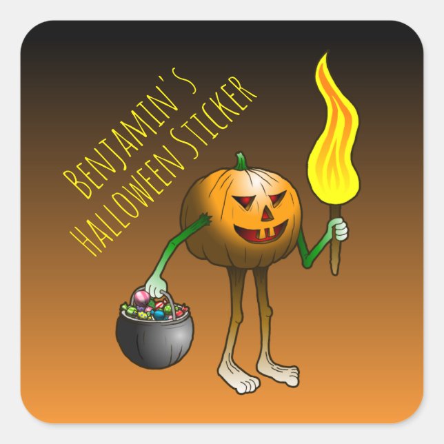 Pegatina Cuadrada Truco de Halloween o calabaza de tratamiento (Anverso)