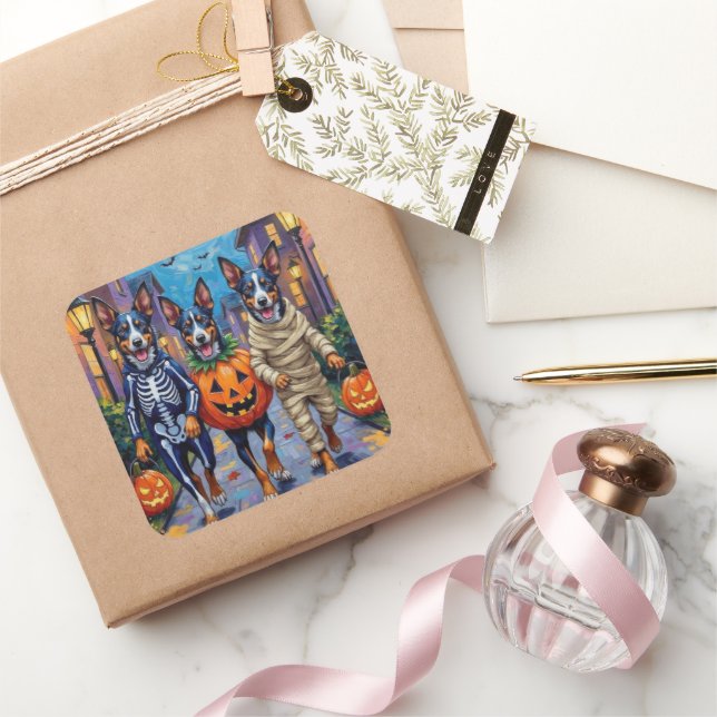 Pegatina Cuadrada Truco o tratamiento de perros con heeler azul en c (Regalar)