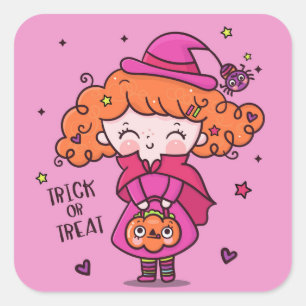 Pegatina Cuadrada Truco o trato a pequeño Chica de Halloween