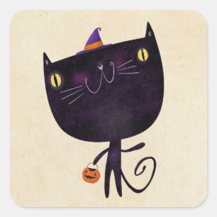 Pegatina Cuadrada Truco o trato al gato negro lindo caída de Hallowe