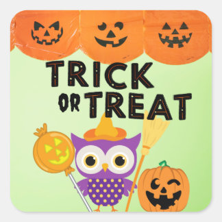 Pegatina Cuadrada Truco o trato, búho de Halloween, divertida Hallow