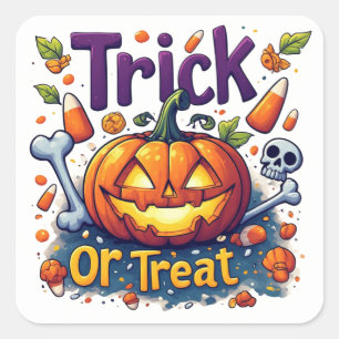 Pegatina Cuadrada Truco o trato Calabaza Caramelo Cráneo Halloween �