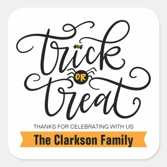 Pegatina Cuadrada Truco o trato, con letras a mano (Anverso)