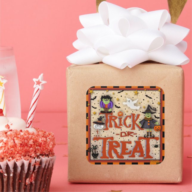 Pegatina Cuadrada Truco o trato de Halloween qué monstruosidad (Fiesta)